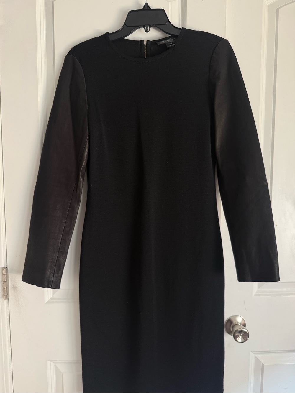 St. John Black Long Sleeve Sheath Dress with Leather Sleeves